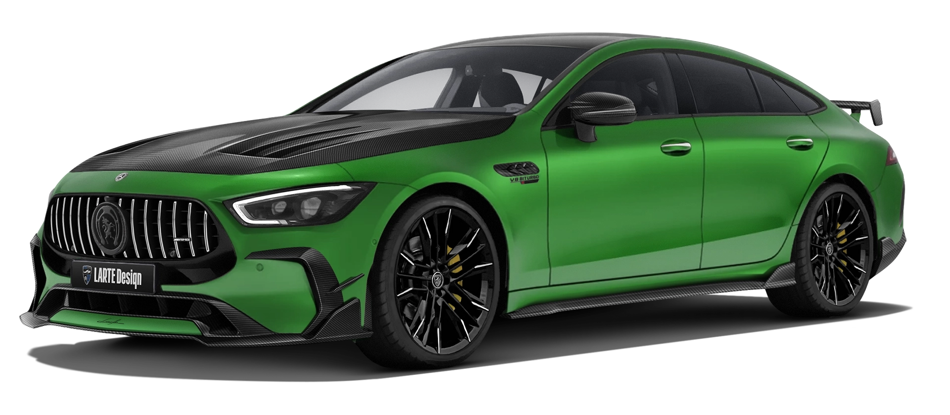 MERCEDES GT 63 X290 FACELIFT 2024 - 2026 with carbon body kit: front view shown in Green Hell