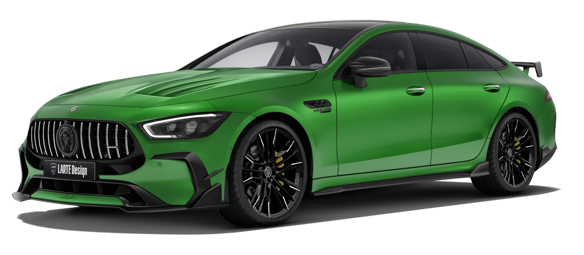 MERCEDES GT 63 X290 FACELIFT 2024 - 2026 with painted body kit: front view shown in Green Hell