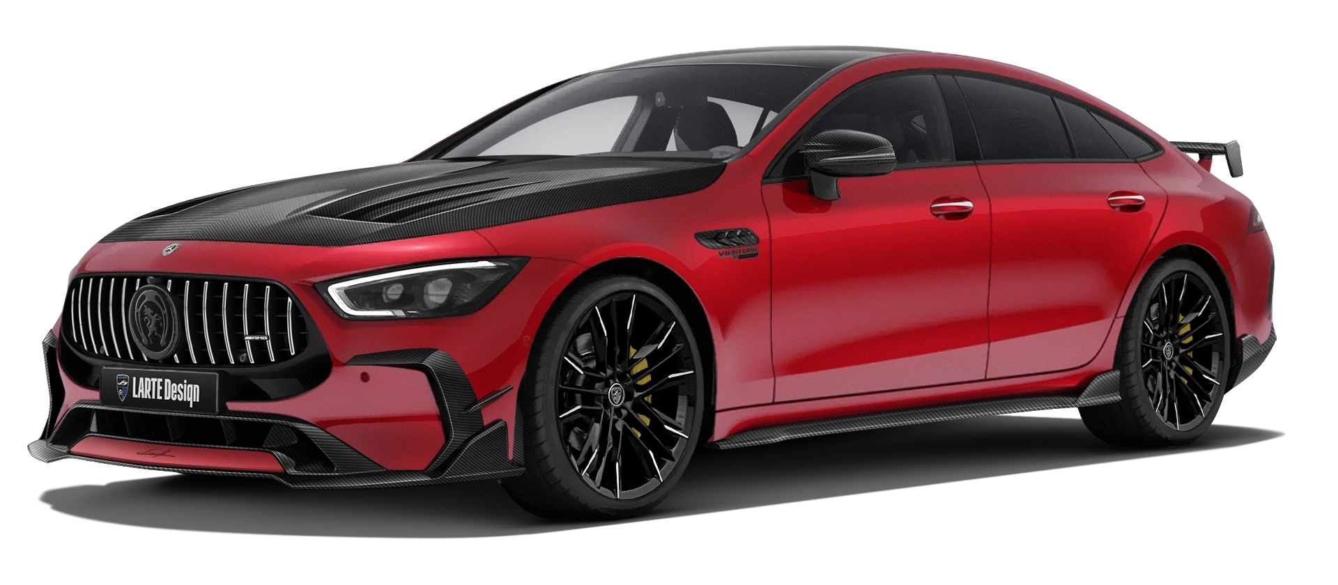 MERCEDES GT 63 X290 FACELIFT 2024 - 2026 with carbon body kit: front view shown in Patagonia Red