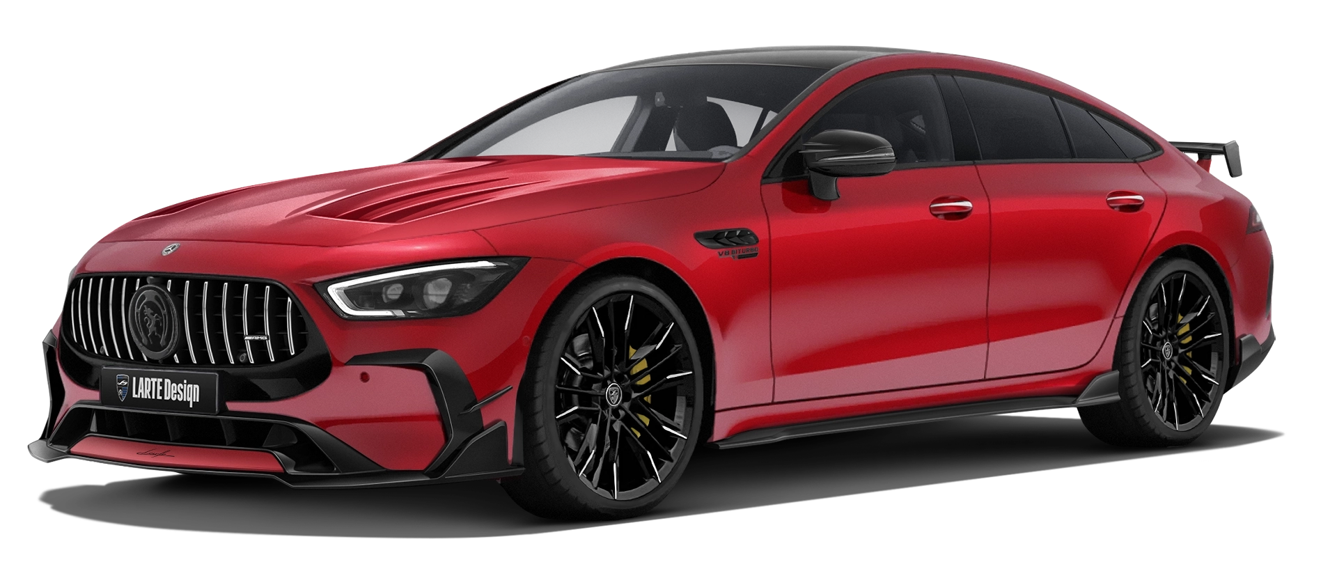 MERCEDES GT 63 X290 FACELIFT 2024 - 2026 with painted body kit: front view shown in Patagonia Red