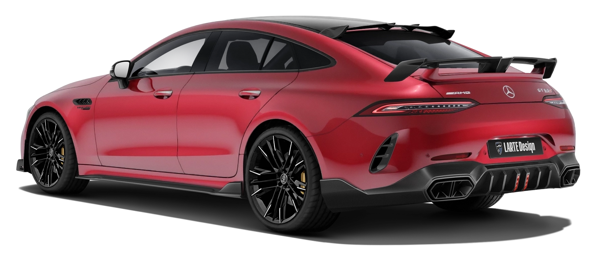 MERCEDES GT 63 X290 FACELIFT 2024 - 2026 with painted body kit: rear view shown in Patagonia Red