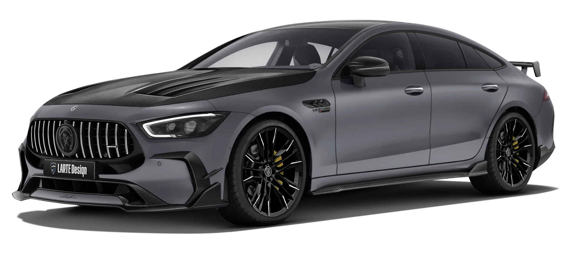 MERCEDES GT 63 X290 FACELIFT 2024 - 2026 with carbon body kit: front view shown in Selenite Grey