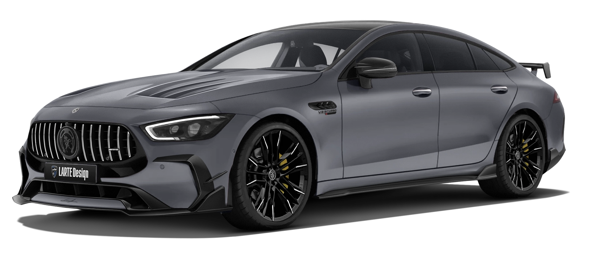 MERCEDES GT 63 X290 FACELIFT 2024 - 2026 with painted body kit: front view shown in Selenite Grey