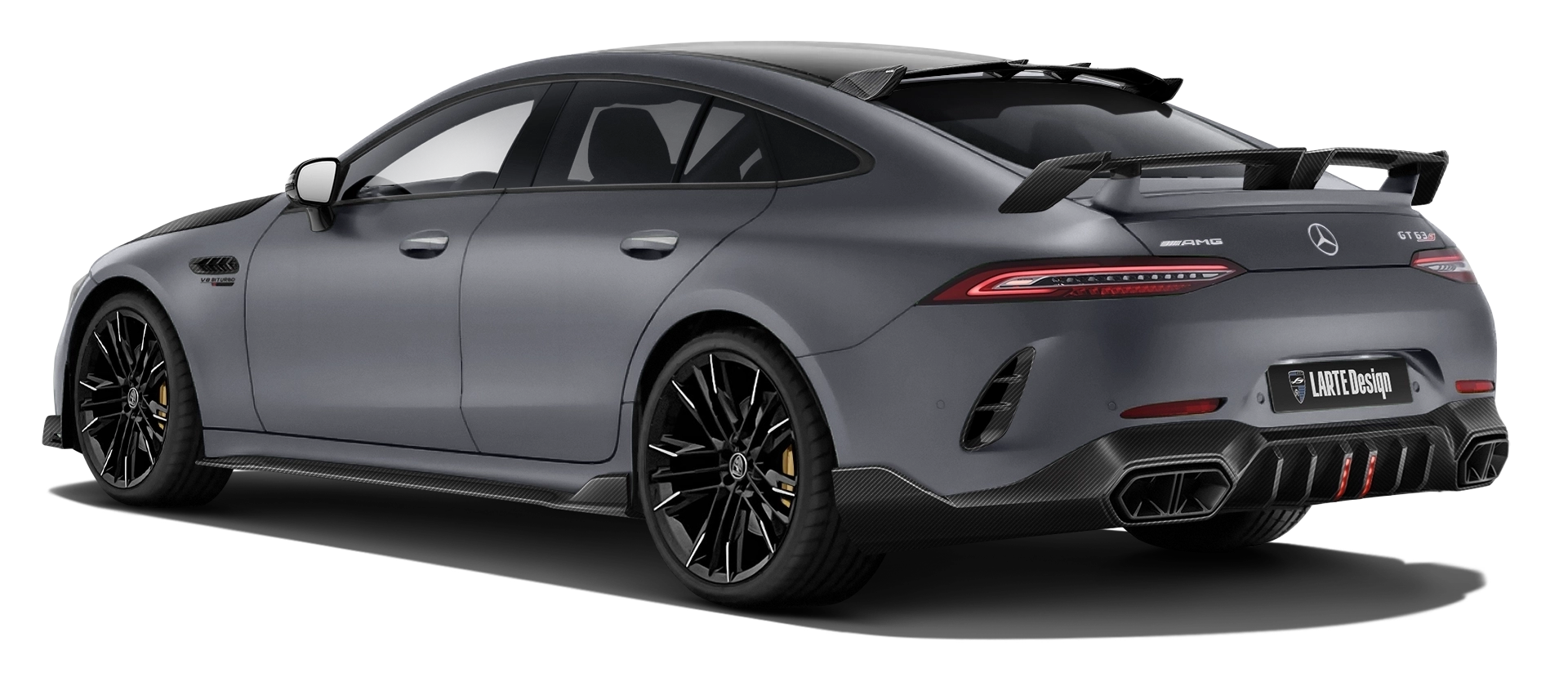 MERCEDES GT 63 X290 FACELIFT 2024 - 2026 with carbon body kit: back view shown in Selenite Grey