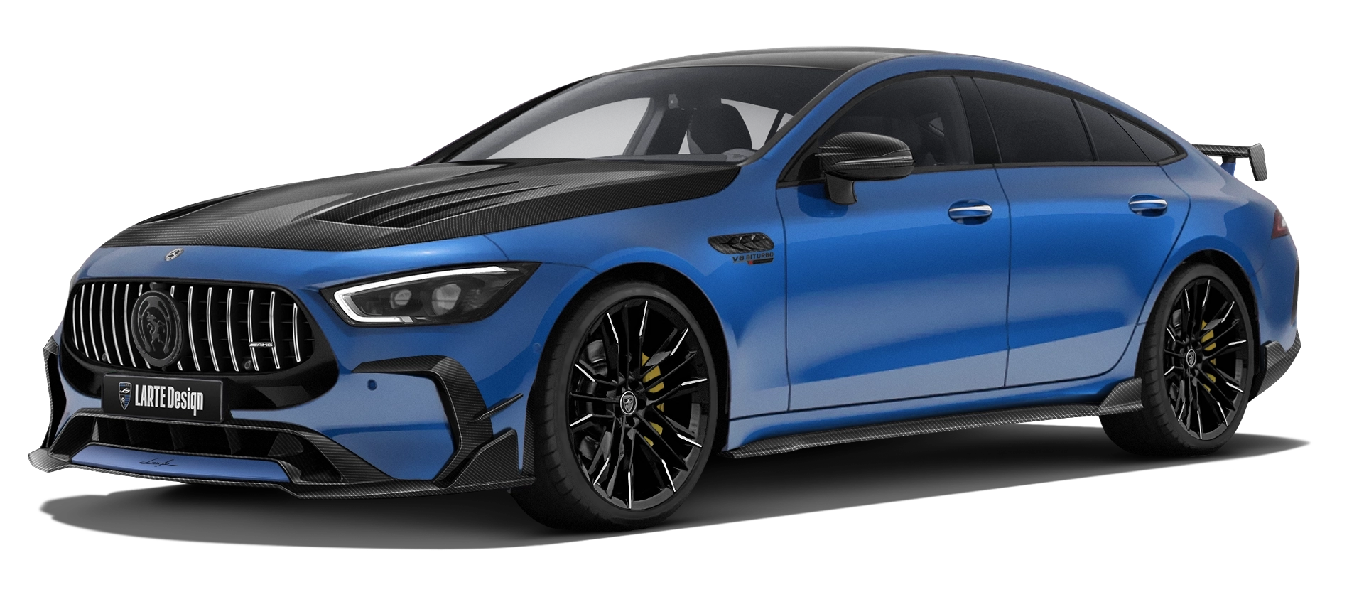MERCEDES GT 63 X290 FACELIFT 2024 - 2026 with carbon body kit: front view shown in Spectral Blue