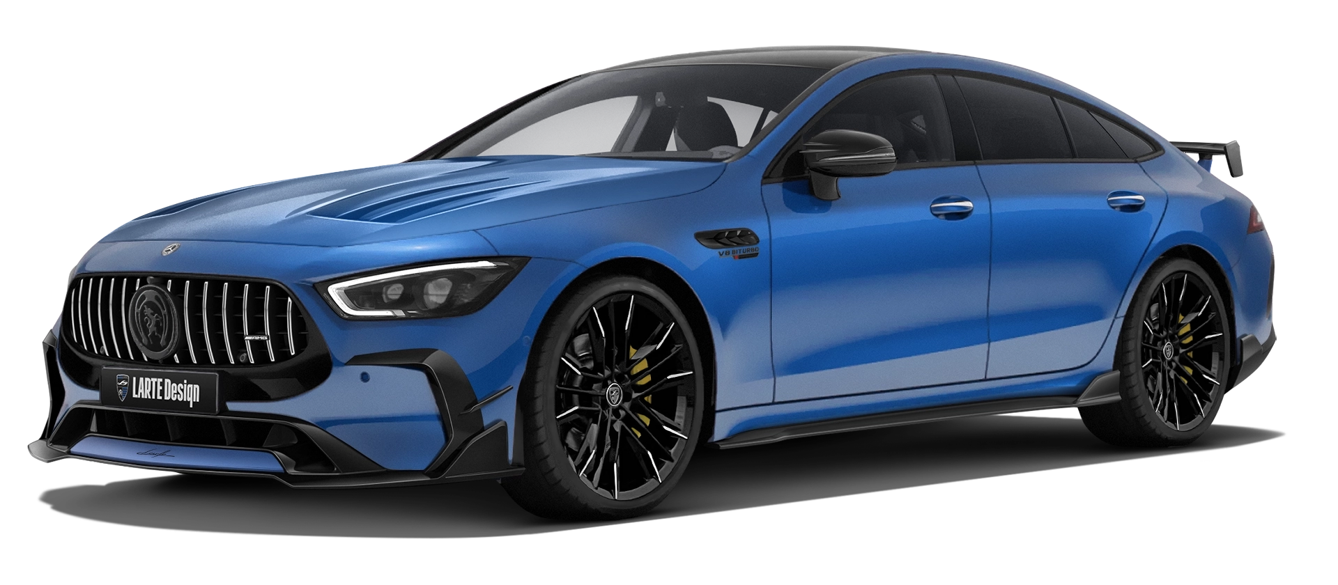 MERCEDES GT 63 X290 FACELIFT 2024 - 2026 with painted body kit: front view shown in Spectral Blue