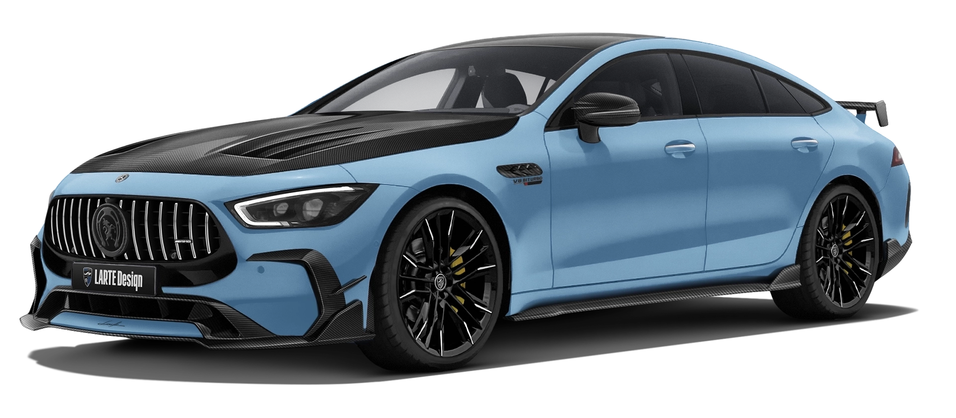 MERCEDES GT 63 X290 FACELIFT 2024 - 2026 with carbon body kit: front view shown in Vintage Blue