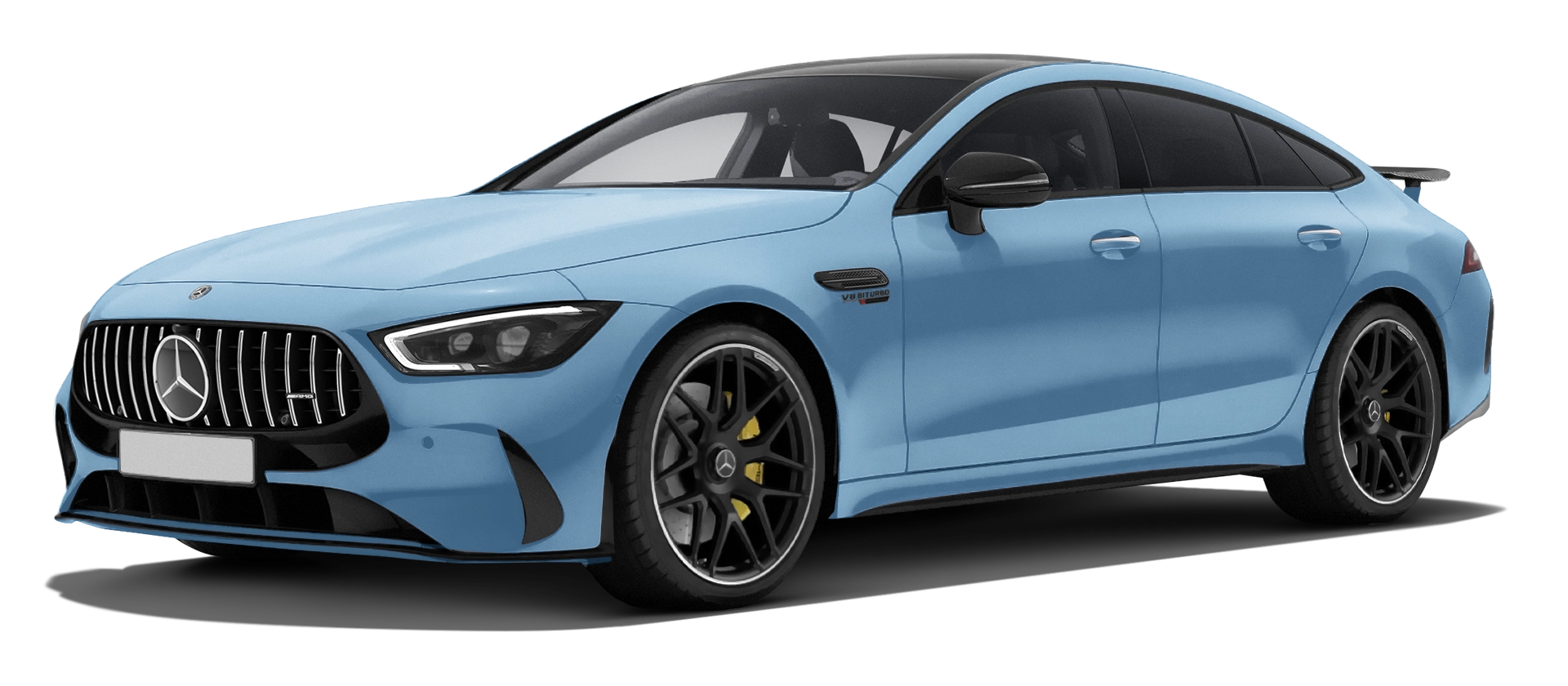MERCEDES GT 63 X290 FACELIFT 2024 - 2026 stock front view in Vintage Blue color