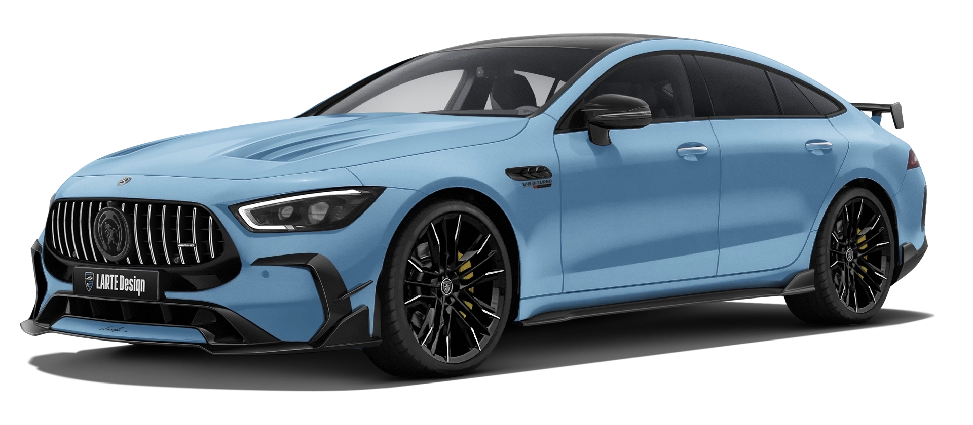 MERCEDES GT 63 X290 FACELIFT 2024 - 2026 with painted body kit: front view shown in Vintage Blue