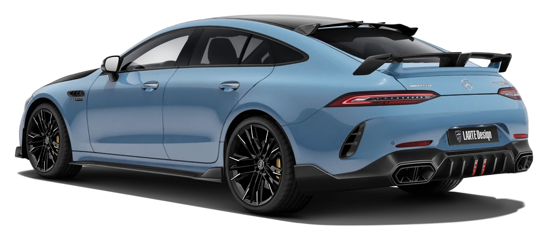 MERCEDES GT 63 X290 FACELIFT 2024 - 2026 with carbon body kit: back view shown in Vintage Blue