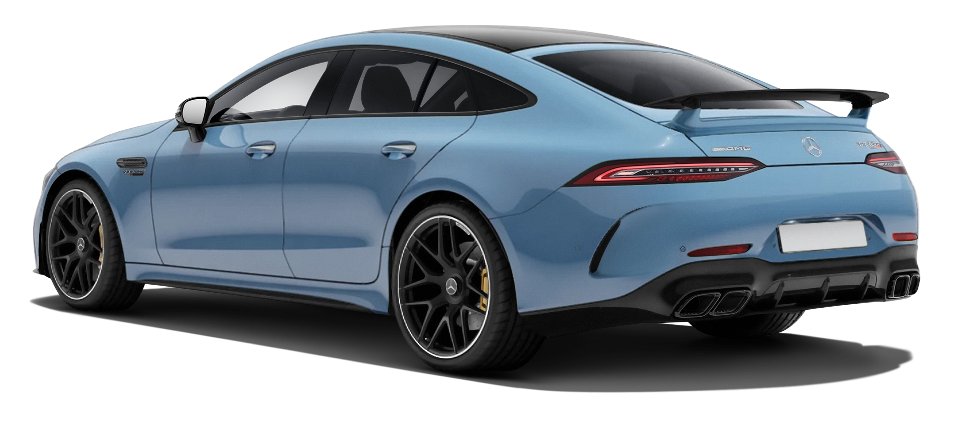 MERCEDES GT 63 X290 FACELIFT 2024 - 2026 stock rear view in Vintage Blue color