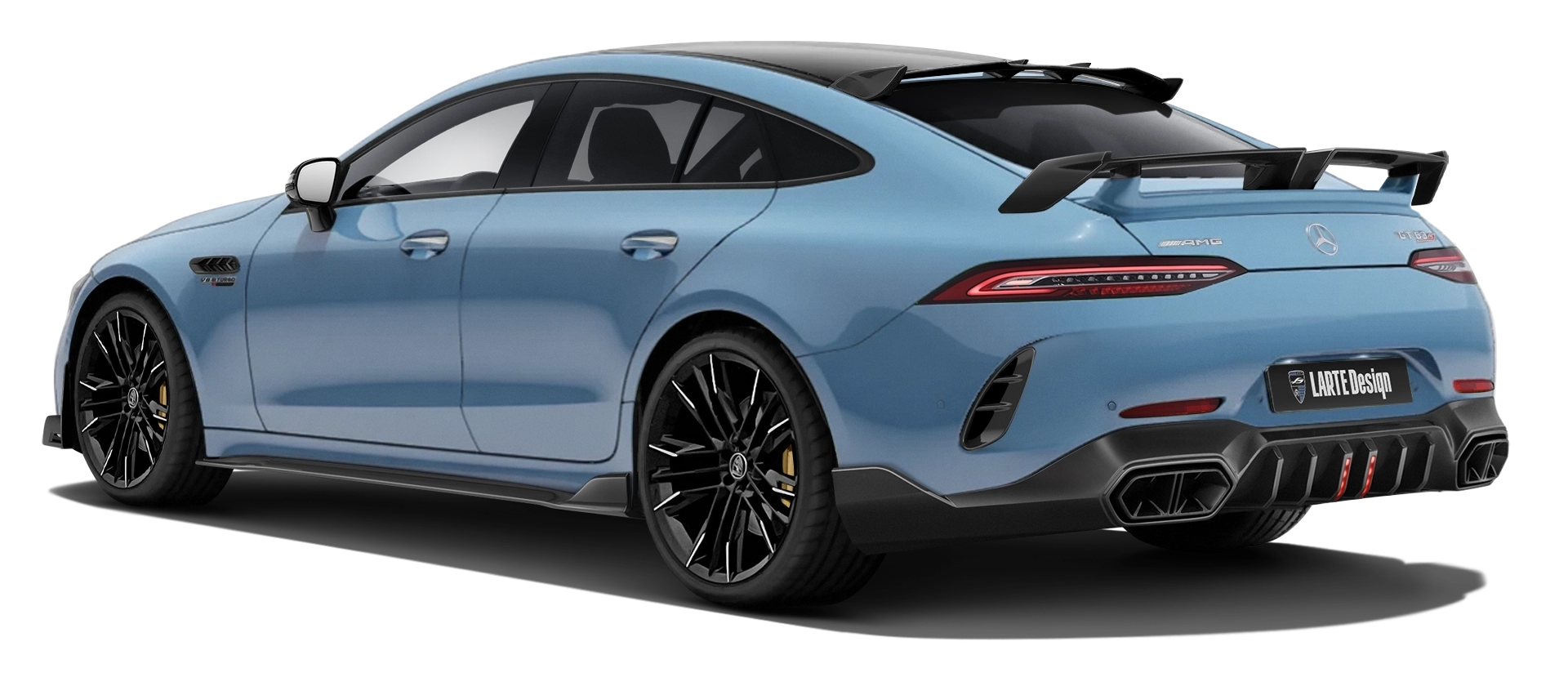 MERCEDES GT 63 X290 FACELIFT 2024 - 2026 with painted body kit: rear view shown in Vintage Blue