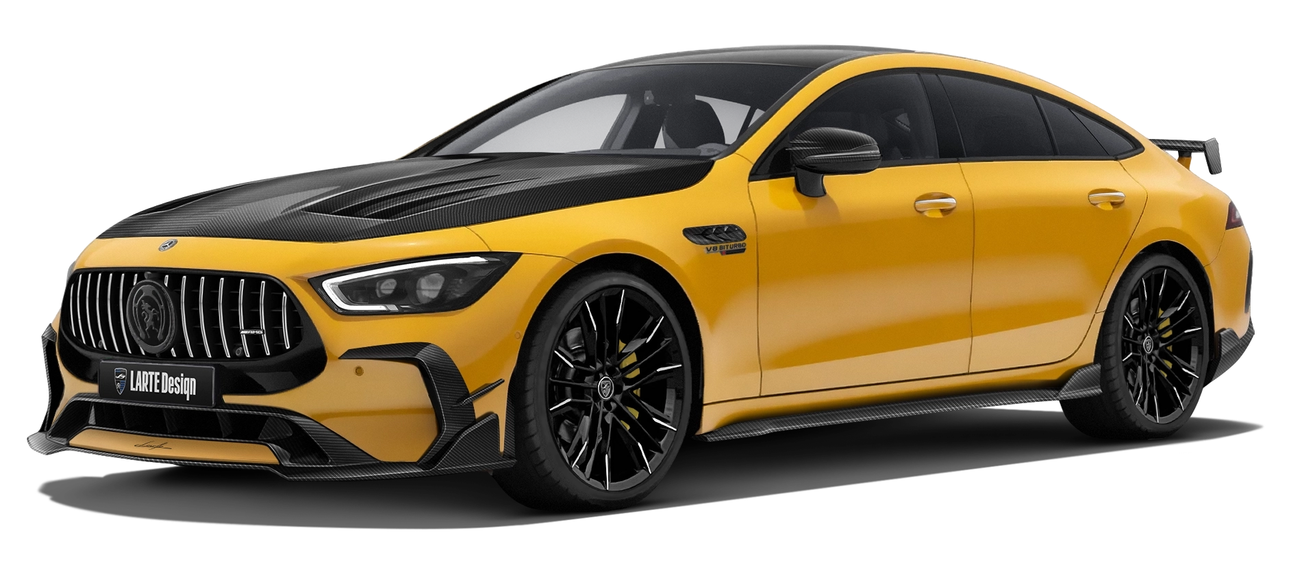 MERCEDES GT 63 X290 FACELIFT 2024 - 2026 with carbon body kit: front view shown in Yellowstone