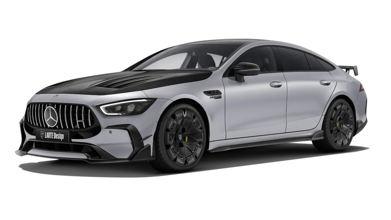 Mercedes AMG GT 63 mit Tuning-Kit und aggressivem Frontstoßfänger und Carbon-Details