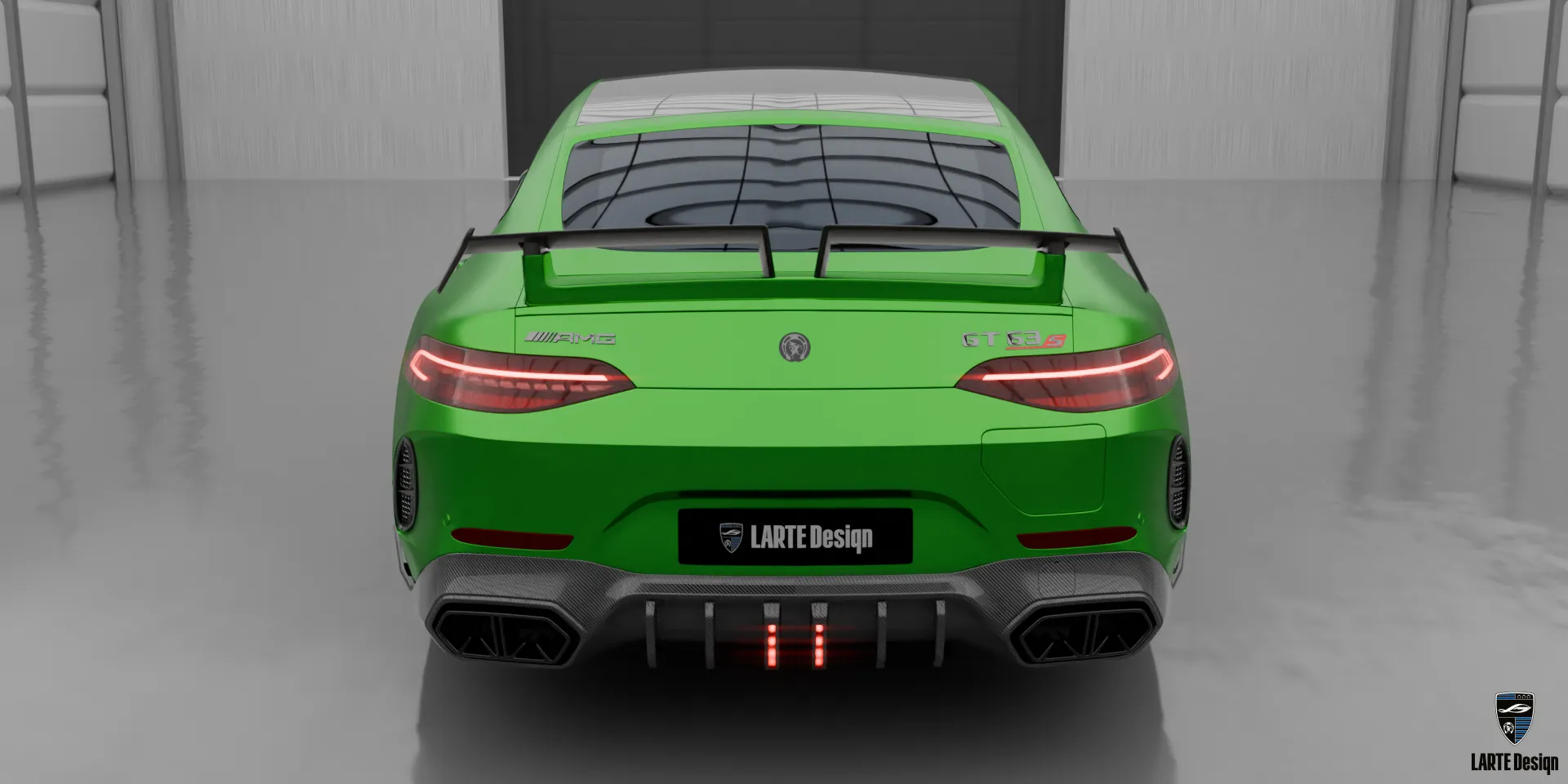 Rear view of the Mercedes AMG GT 63 with rear diffuser and upgraded exhaust
