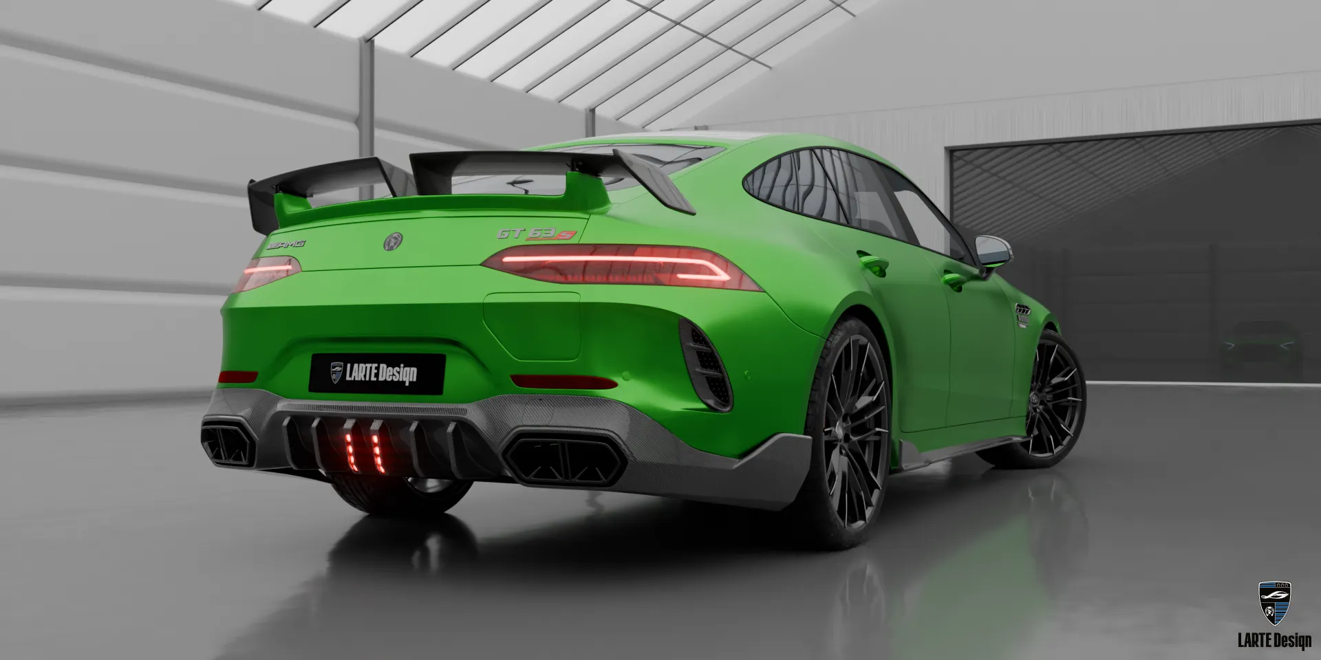 Side view of the Mercedes AMG GT 63 with sleek side skirts and enhanced aerodynamics