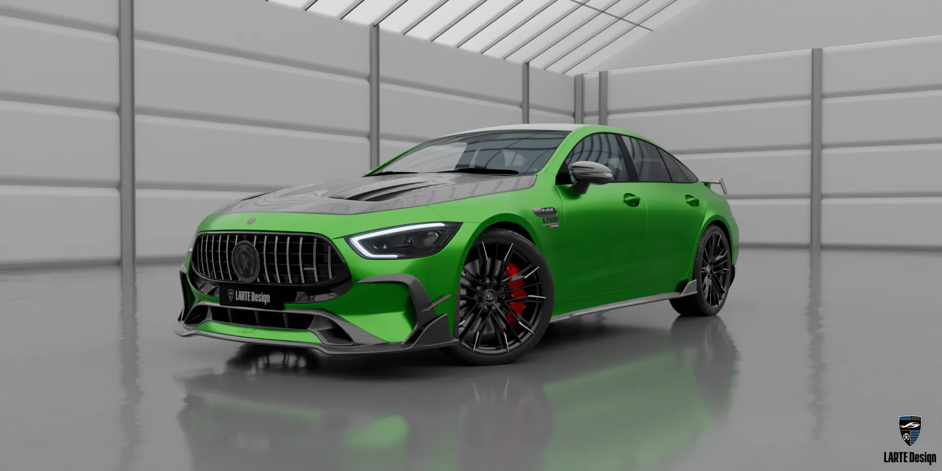 Side profile of the Mercedes AMG GT 63 showcasing the sleek body kit and side skirts