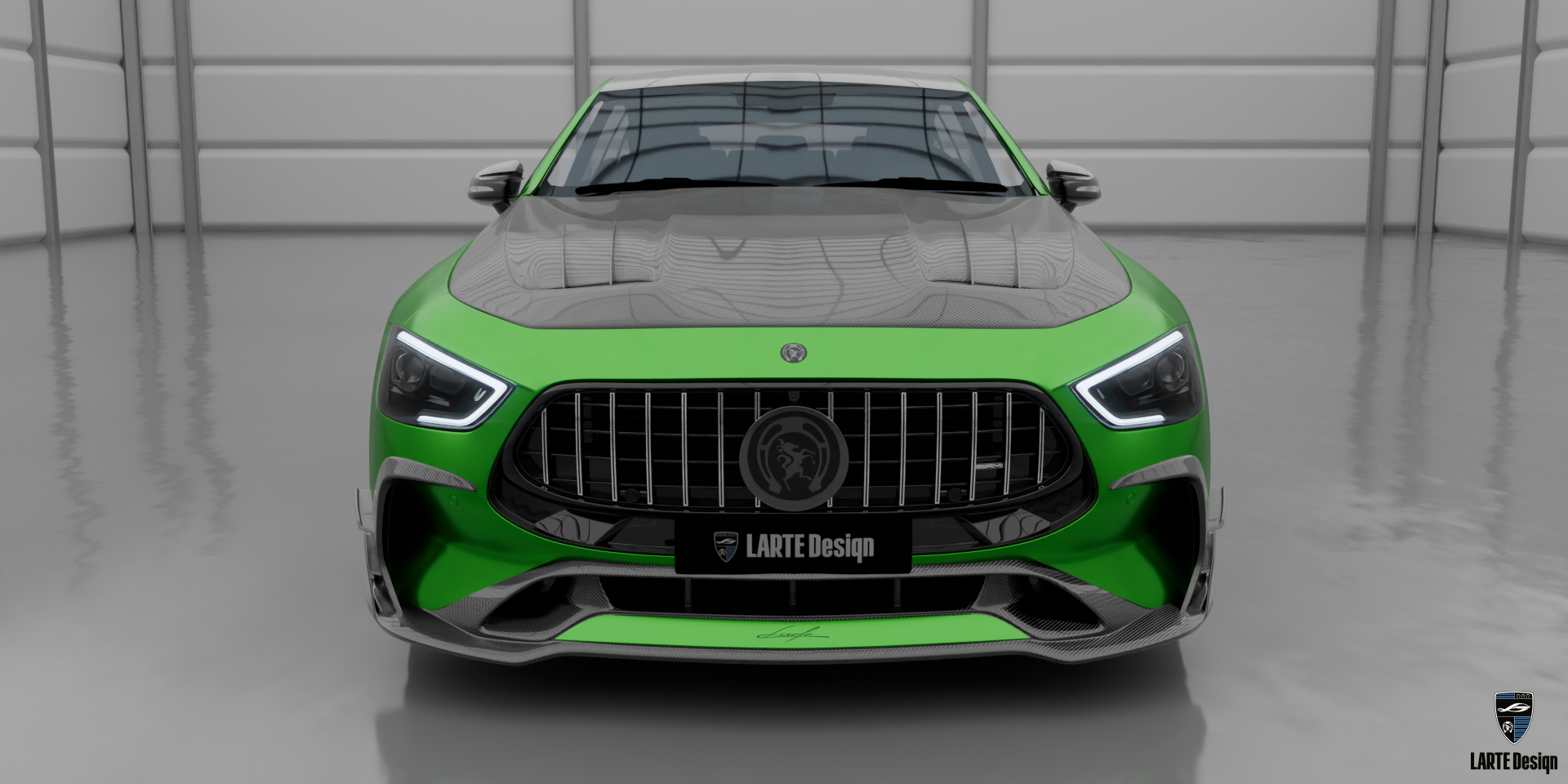 Mercedes AMG GT 63 tuning kit with aggressive front bumper and carbon accents