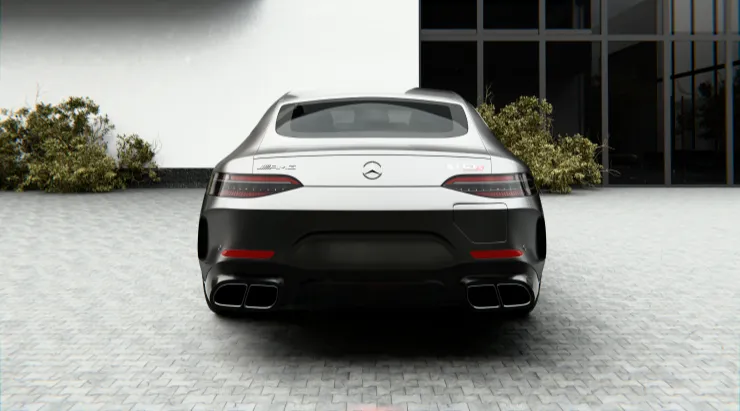 Rear view on a Mercedes AMG GT 63s Facelift with a body kit giving the car a custom appearance