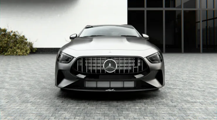 Front view on a Mercedes AMG GT 63s Facelift with a body kit giving the car a custom appearance