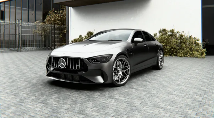 Front angle view on a Mercedes AMG GT 63s Facelift with a body kit giving the car a custom appearance