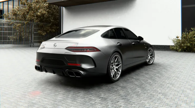 Rear angle view on a Mercedes AMG GT 63s Facelift with a body kit giving the car a custom appearance