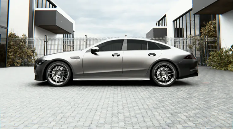 Side view on a Mercedes AMG GT 63s Facelift with a body kit giving the car a custom appearance