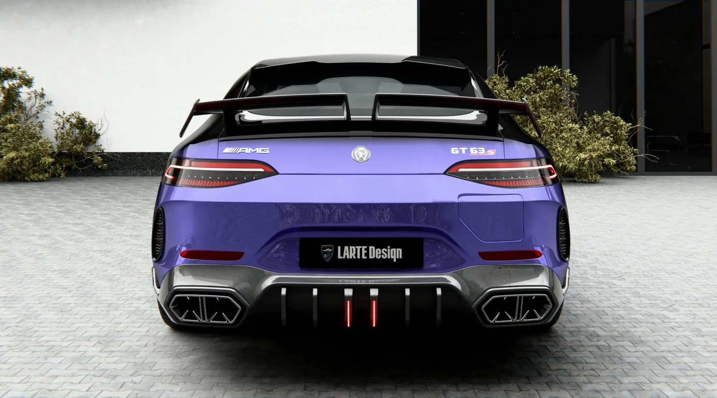 Rear view on a Mercedes AMG GT 63s Facelift with a body kit giving the car a custom appearance