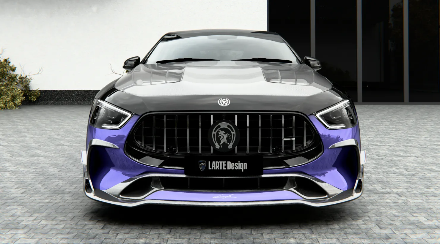 Front view on a Mercedes AMG GT 63s Facelift with a body kit giving the car a custom appearance