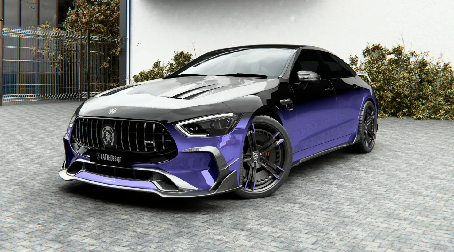 Front angle view on a Mercedes AMG GT 63s Facelift with a body kit giving the car a custom appearance