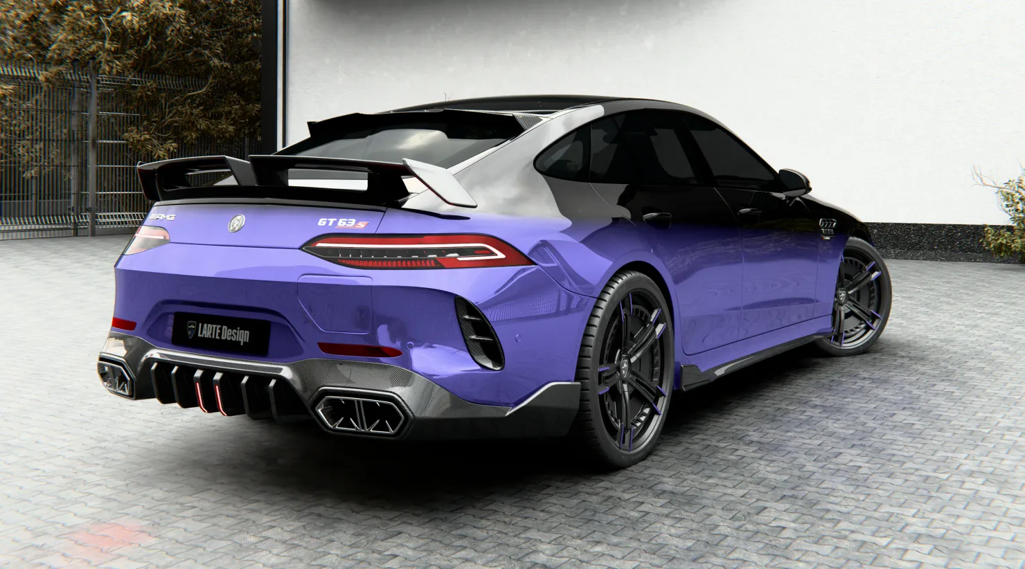 Rear angle view on a Mercedes AMG GT 63s Facelift with a body kit giving the car a custom appearance