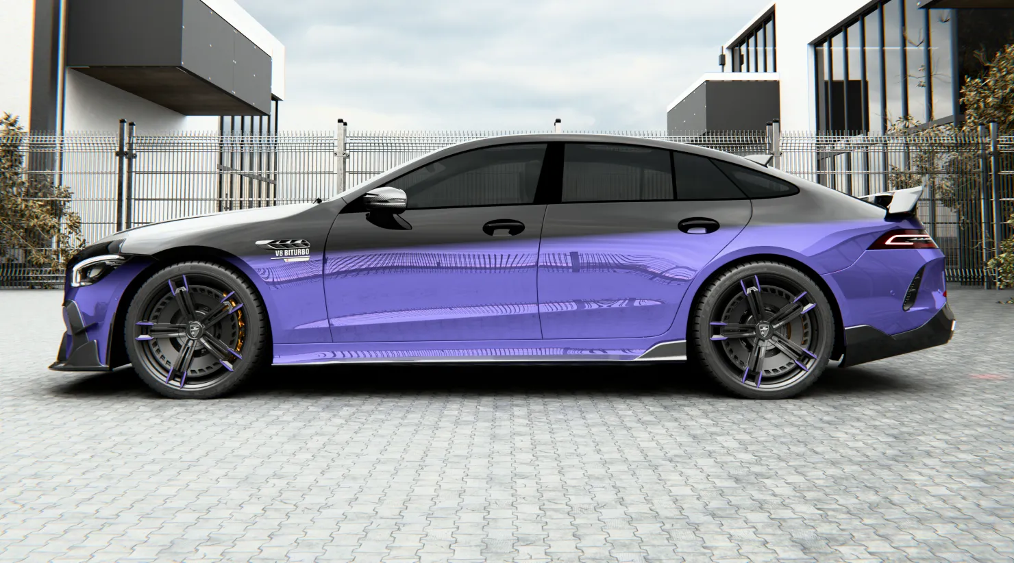 Side view on a Mercedes AMG GT 63s Facelift with a body kit giving the car a custom appearance