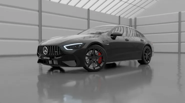Front angle view on a Mercedes GT AMG 63s X290 Facelift with a body kit giving the car a custom appearance