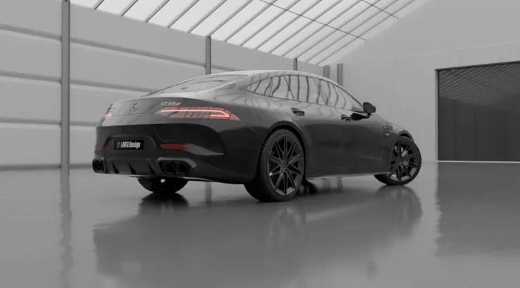Rear view on a Mercedes GT AMG 63s X290 Facelift with a body kit giving the car a custom appearance