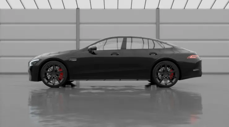 Side view on a Mercedes GT AMG 63s X290 Facelift with a body kit giving the car a custom appearance