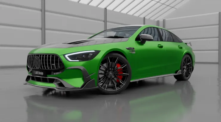 Front angle view on a Mercedes GT AMG 63s X290 Facelift with a body kit giving the car a custom appearance