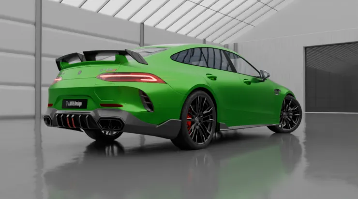 Rear view on a Mercedes GT AMG 63s X290 Facelift with a body kit giving the car a custom appearance