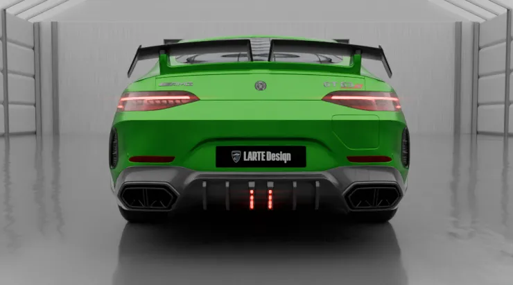 Rear angle view on a Mercedes GT AMG 63s X290 Facelift with a body kit giving the car a custom appearance