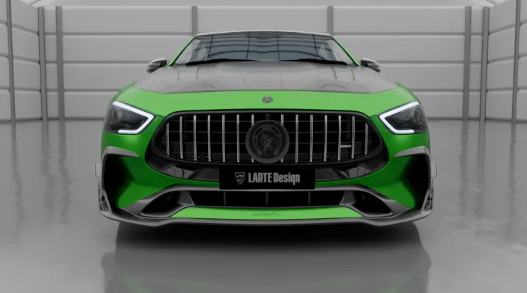 Front view on a Mercedes GT AMG 63s X290 Facelift with a body kit giving the car a custom appearance