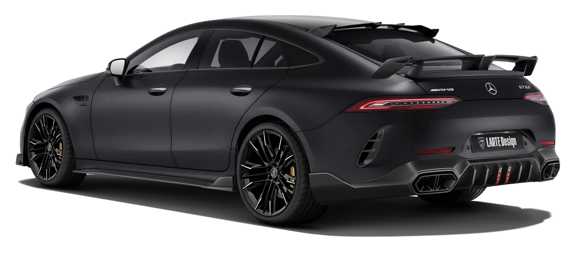 MERCEDES GT 63 X290 2019 - 2024 mit lackiertem Karosserie-Kit: Rückansicht in Graphite Grey Magno