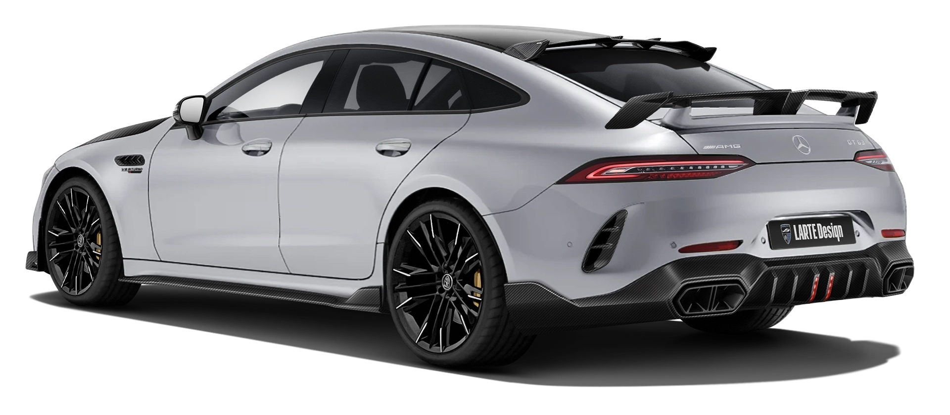 MERCEDES GT 63 X290 2019 - 2024 mit Karbon-Karosserie-Kit: Rückansicht in Hitech Silver