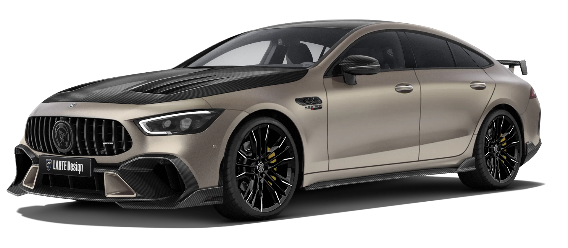 MERCEDES GT 63 X290 2019 - 2024 mit Karbon-Karosserie-Kit: Frontansicht in Kalahari Gold Magno