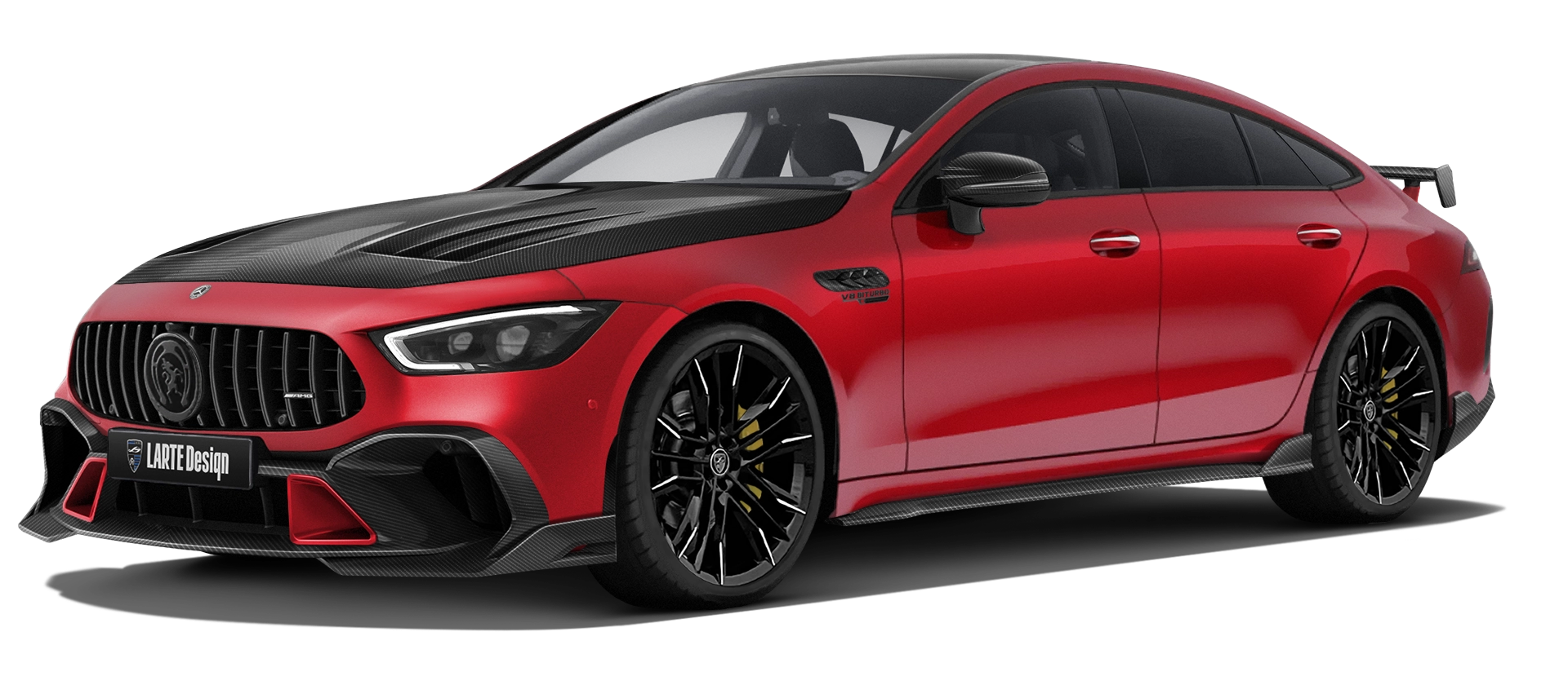 MERCEDES GT 63 X290 2019 - 2024 mit Karbon-Karosserie-Kit: Frontansicht in Patagonia Red