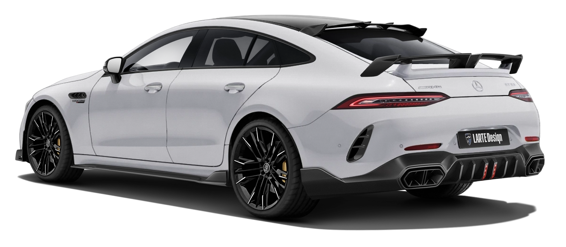 MERCEDES GT 63 X290 2019 - 2024 mit lackiertem Karosserie-Kit: Rückansicht in Polar White