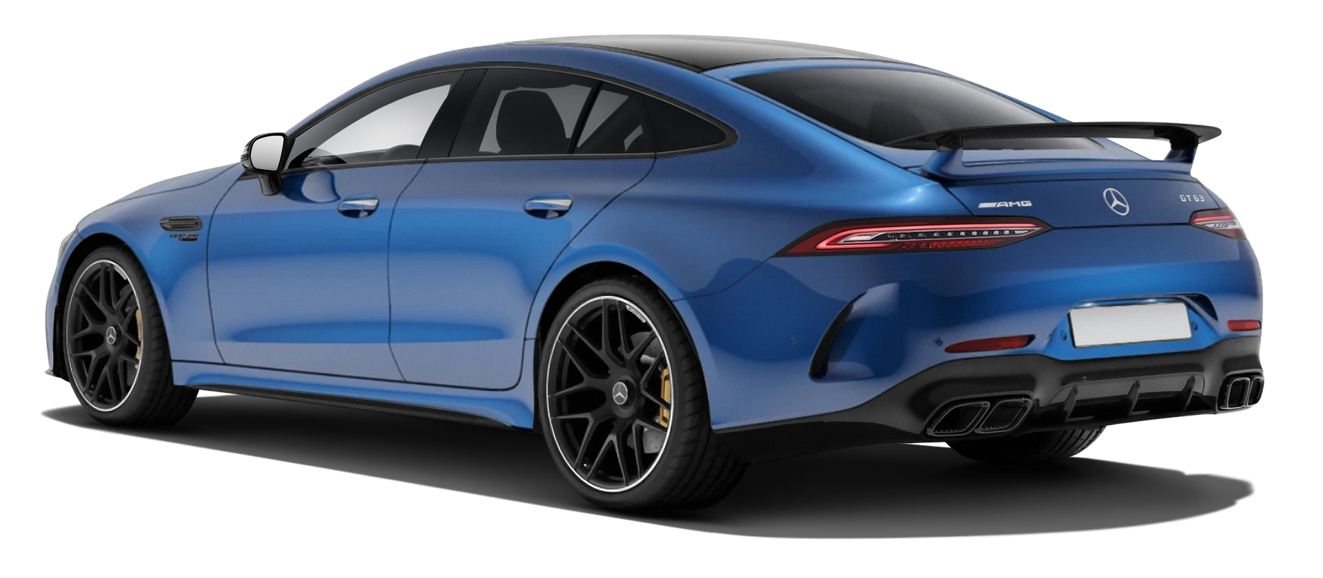 MERCEDES GT 63 X290 2019 - 2024 serienmäßige Rückansicht in Spectral Blue Magno Farbe