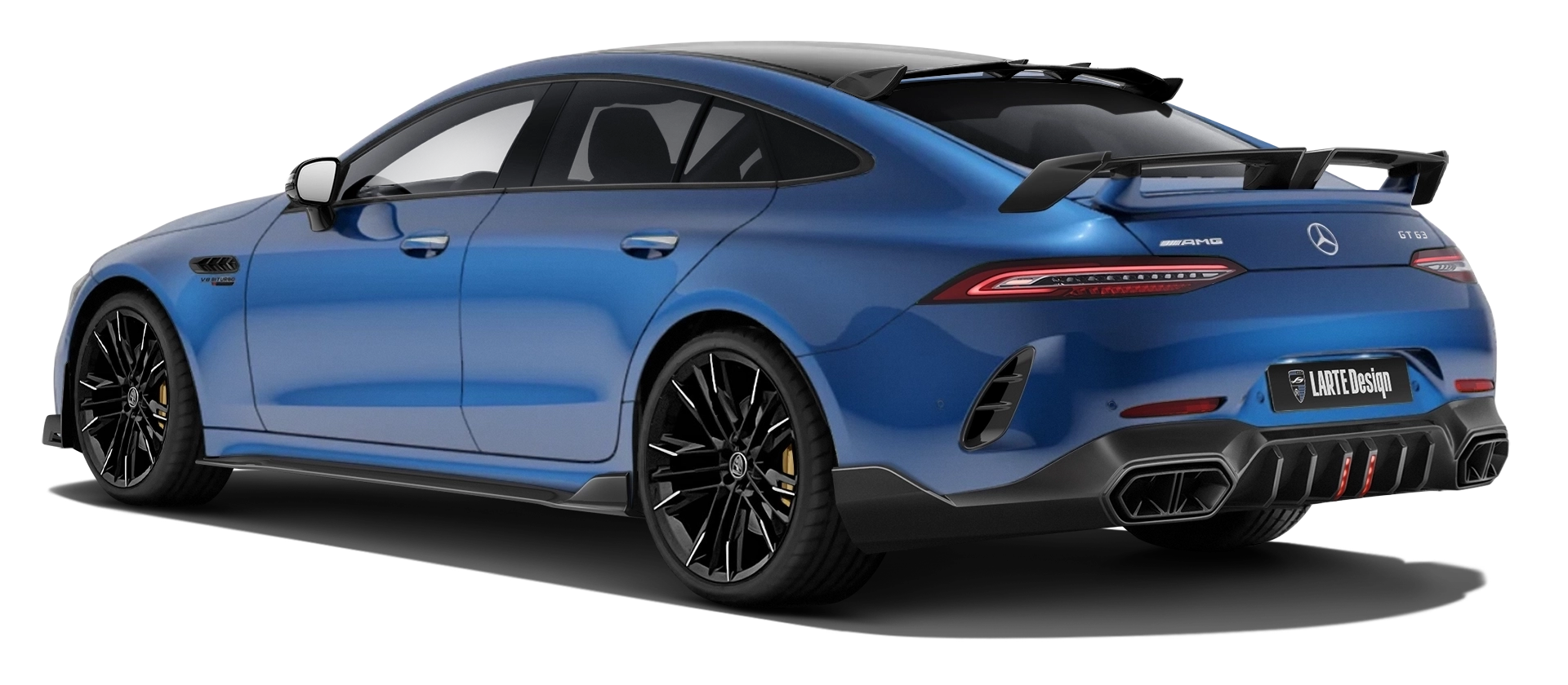 MERCEDES GT 63 X290 2019 - 2024 mit lackiertem Karosserie-Kit: Rückansicht in Spectral Blue Magno