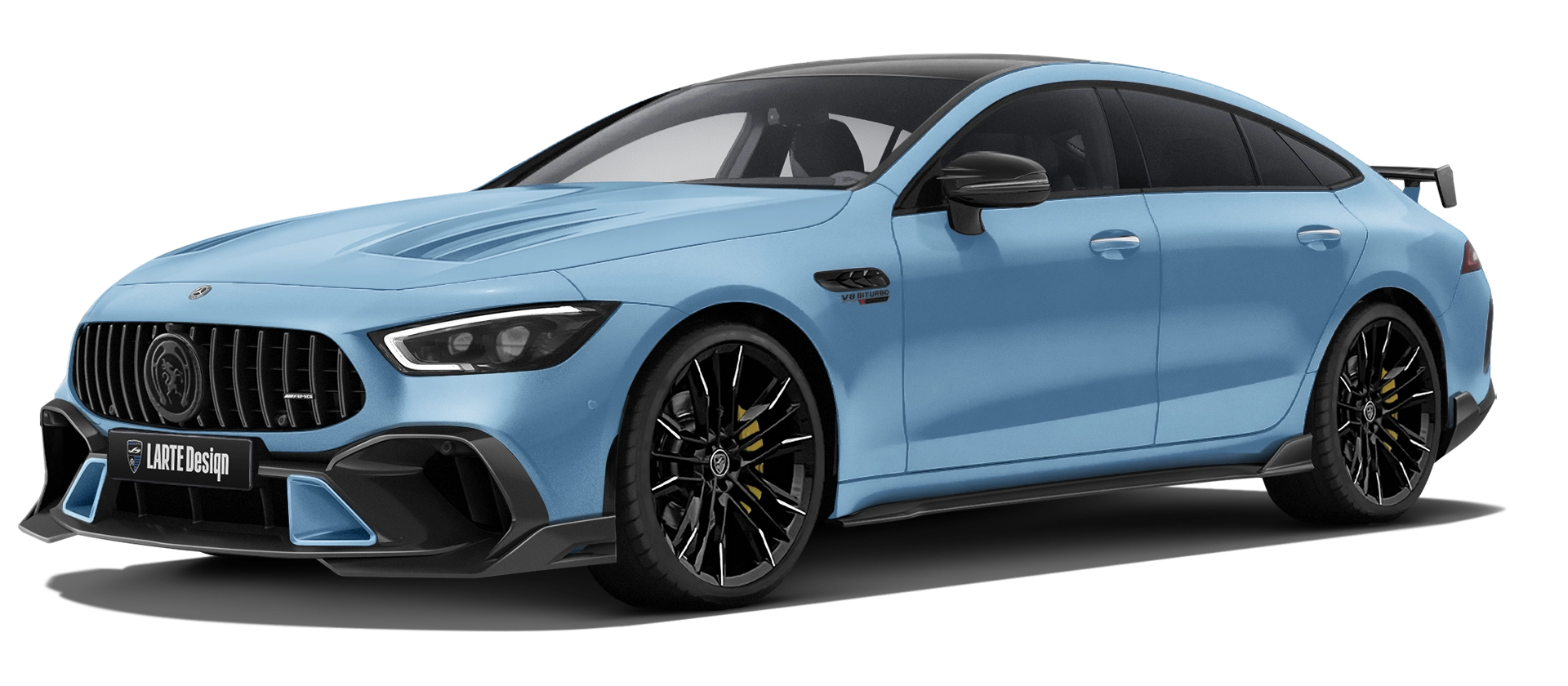 MERCEDES GT 63 X290 2019 - 2024 mit lackiertem Karosserie-Kit: Frontansicht in Vintage Blue