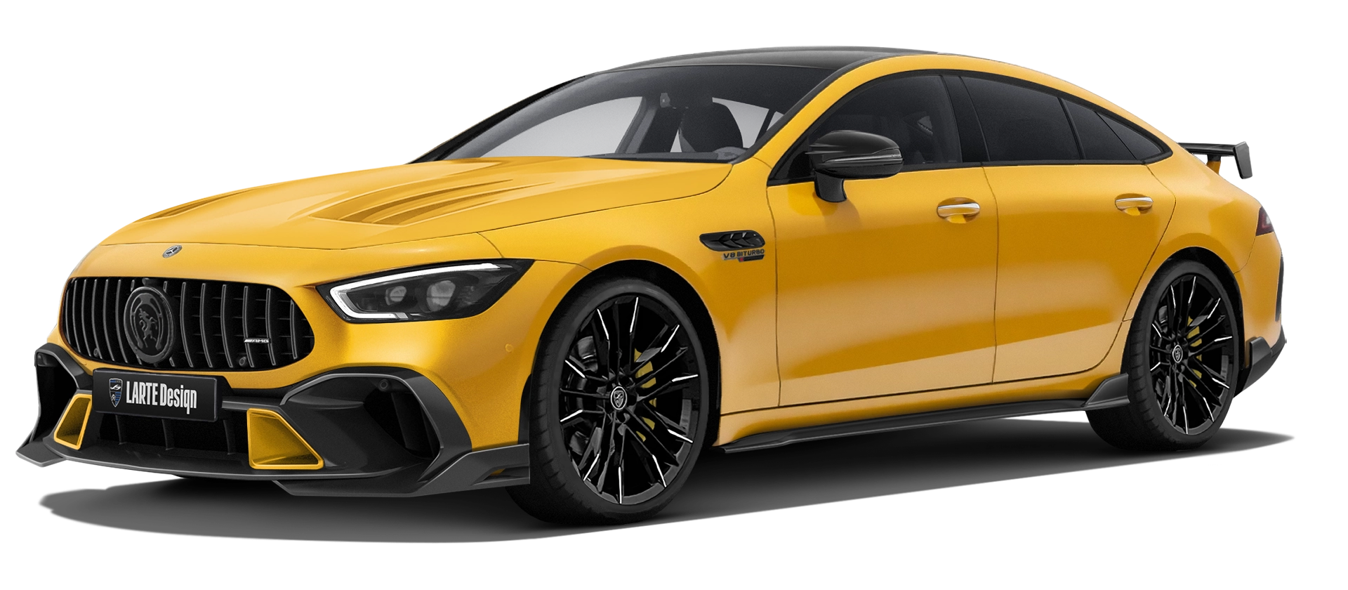 MERCEDES GT 63 X290 2019 - 2024 mit lackiertem Karosserie-Kit: Frontansicht in Yellowstone
