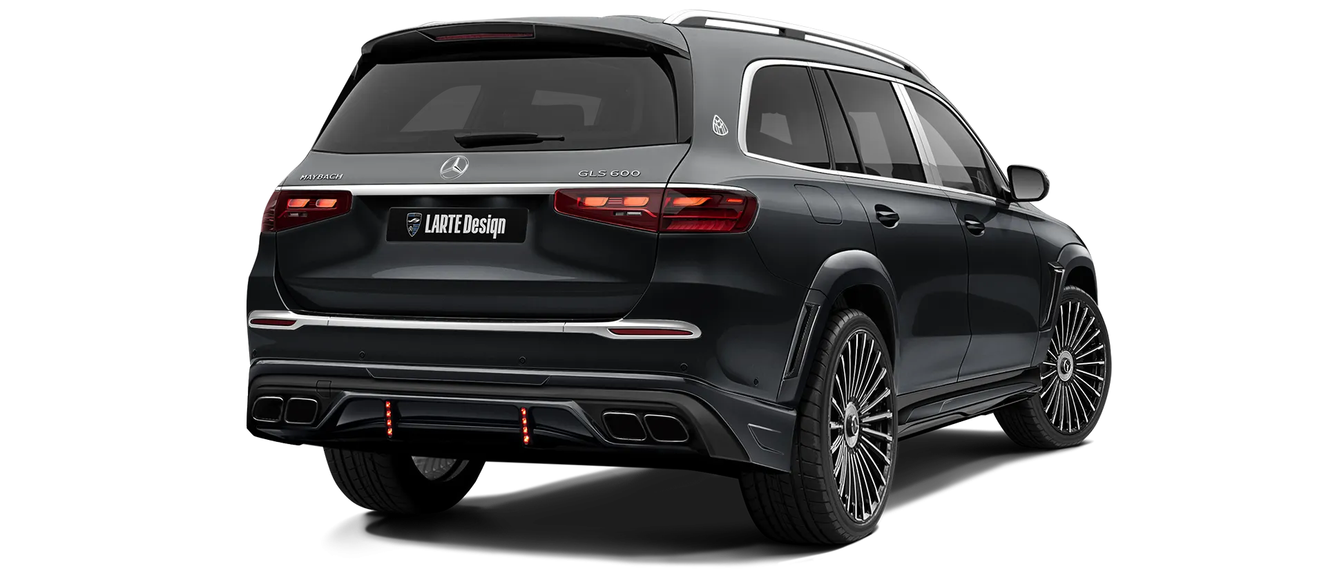 Mercedes Maybach GLS 600 X167 Facelift mit lackiertem Karosserie-Kit: Rückansicht in Obsidian Schwarz & Grau