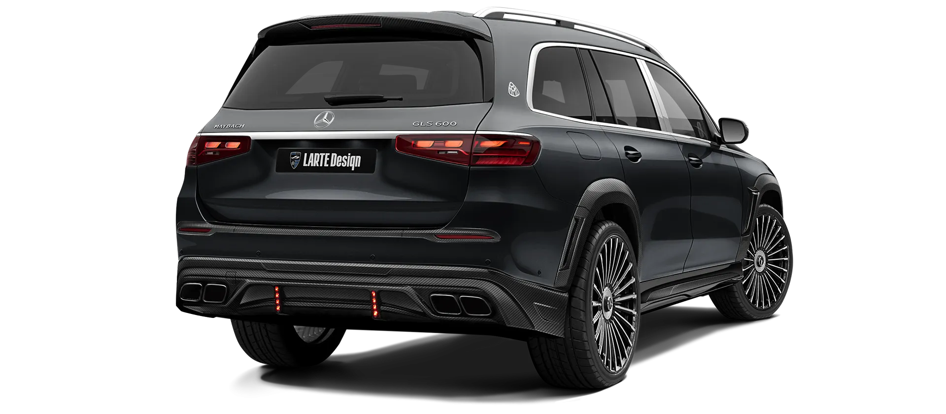 Mercedes Maybach GLS 600 X167 Facelift mit Karbon-Karosserie-Kit: Rückansicht in Obsidian Schwarz & Grau